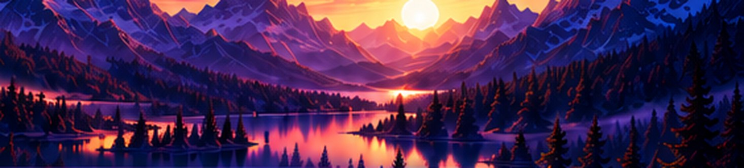 A mountain valley and lake at sunrise