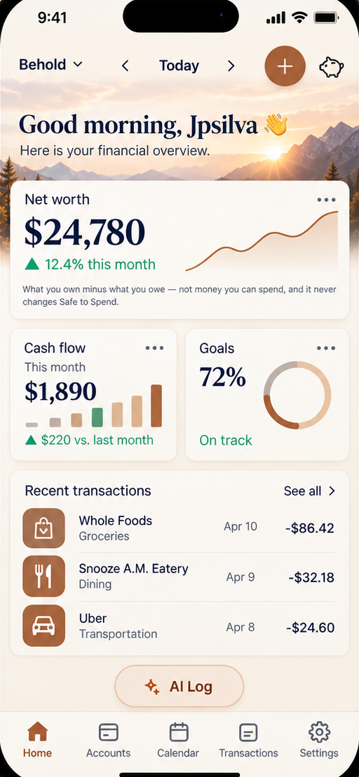 Behold app — Warm editorial dashboard